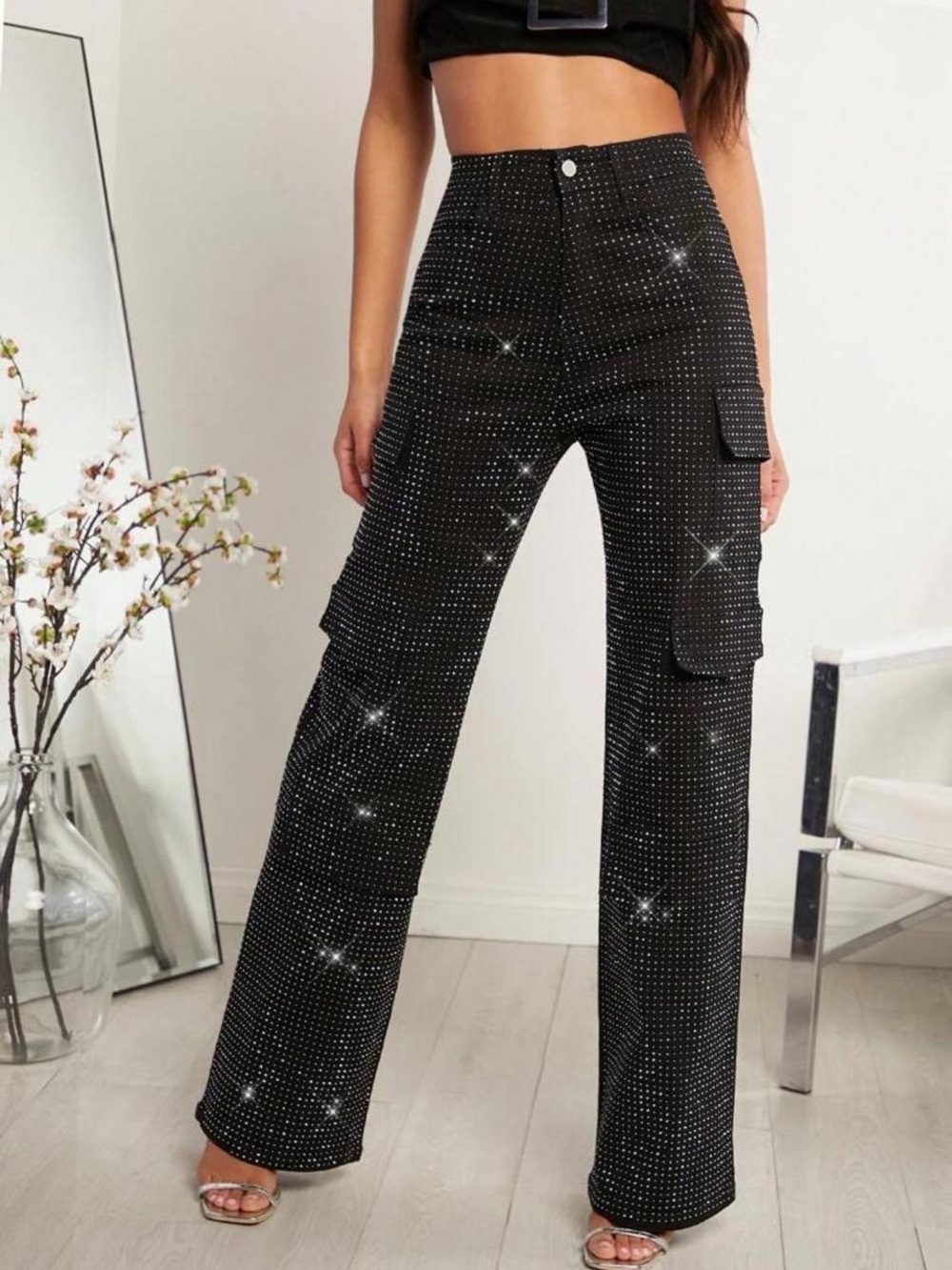 Black Rhinestone straight leg Cargo Pants black XS new